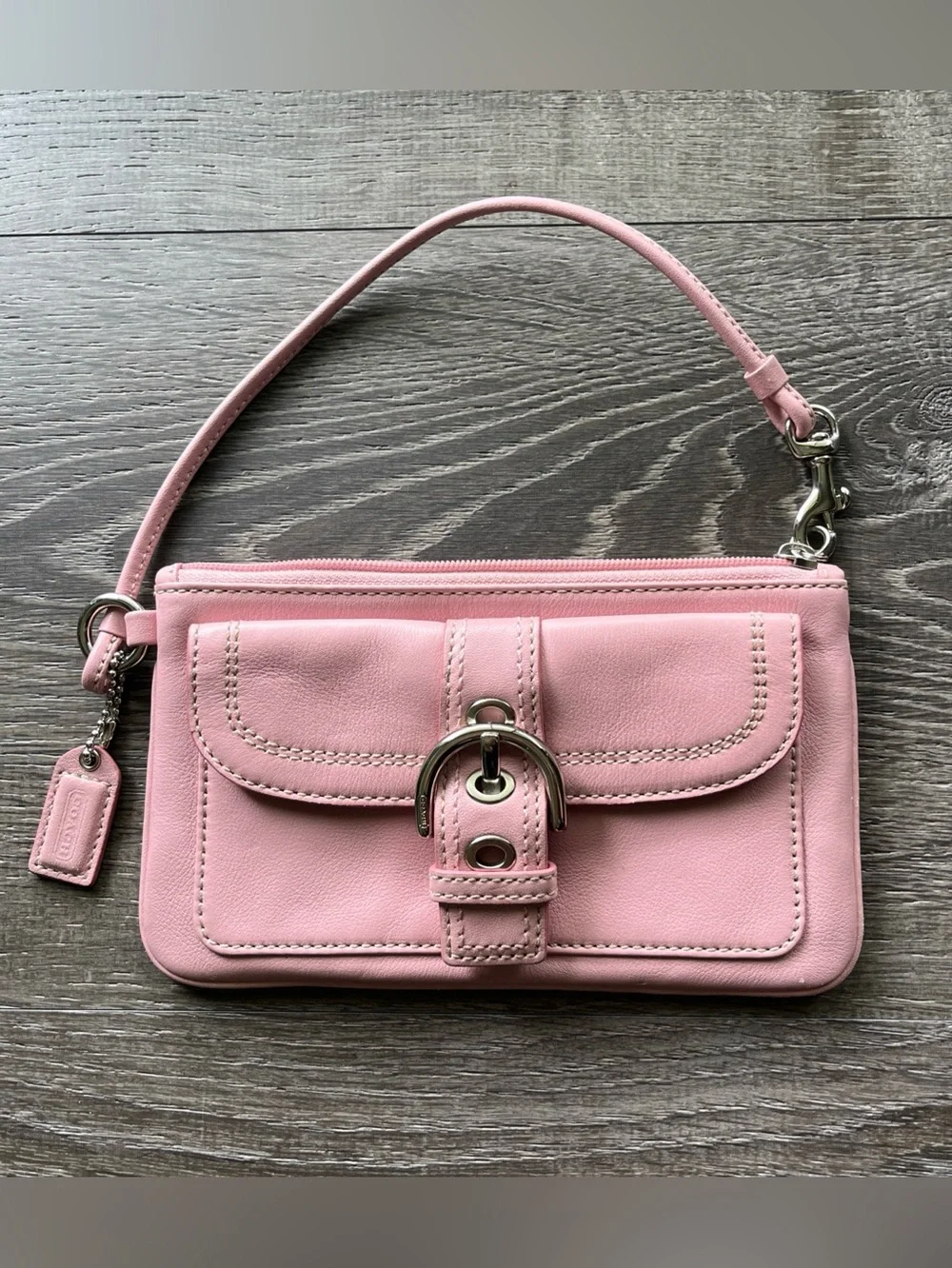 Coach Pink Leather Boho Wristlet with Front Buckle Pocket and Strap Y2K